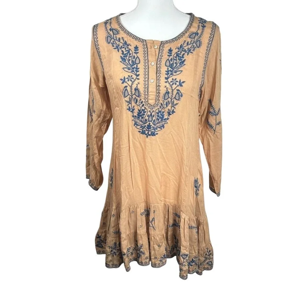 Bohemian Embroidered Dress Sz M Natural Long Sleeve Flowy Relaxed Cottage BOHO - Picture 1 of 11